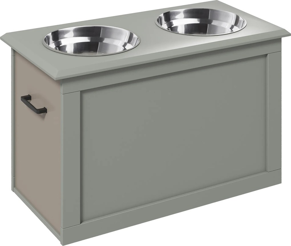 PawHut Stacja Karmienia Podwyższona z 1 Schowkiem i 2 Miskami ze Stali Nierdzewnej, 60 cm x 30 cm x 41 cm, Szary