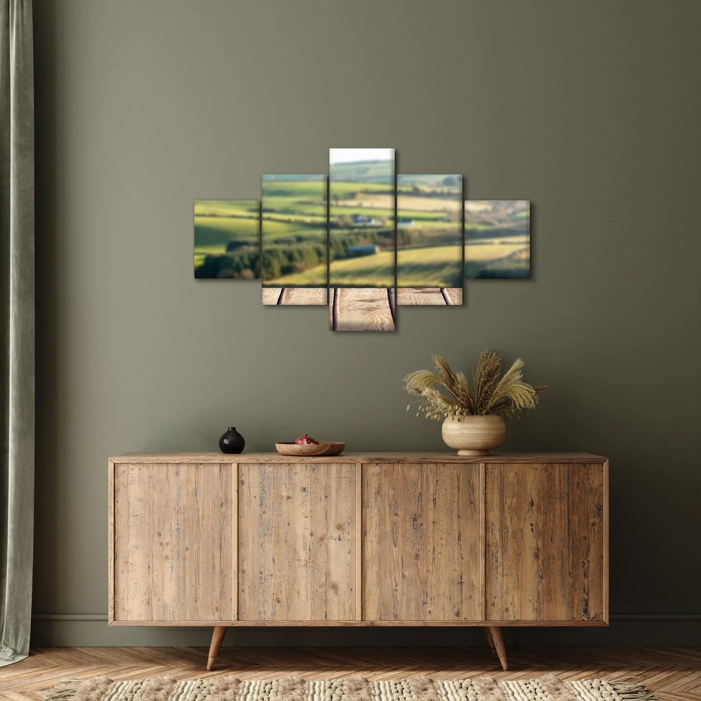 Obraz - Drewniana półka z krajobrazem (125x70 cm)