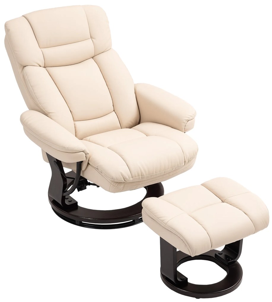 HOMCOM Fotel Relaksacyjny z Podnóżkiem, Regulowany Fotel, Pokrycie z Skóry Syntetycznej, Fotel z Odchylanym Oparciem, Kremowy