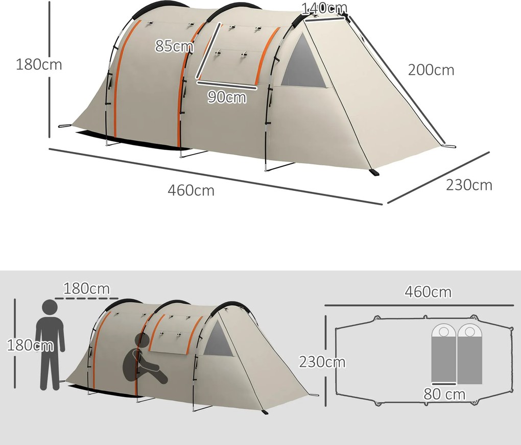 Outsunny Namiot kempingowy dla 4-5 osób, z przyciemnianymi oknami, wodoodporny, 180W x 460D x 230S cm, khaki/pomarańczowy