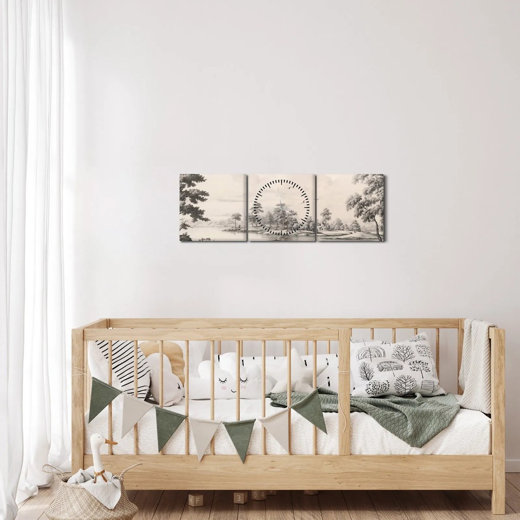 Obraz - Rysunek krajobrazu w stylu vintage (z zegarem) (90x30 cm)