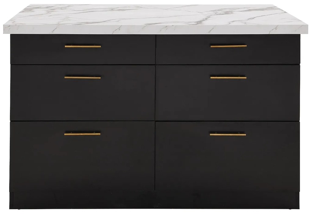 Wyspa kuchenna z 6 szufladami z MDF i metalu - Czarny i Efekt białego marmuru - ALEGRITA