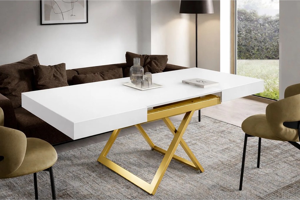 Ławostół 120 cm Ducale U - stół rozkładany do salonu 120-200 cm, regulowana wysokość, złoty stelaż - Biały