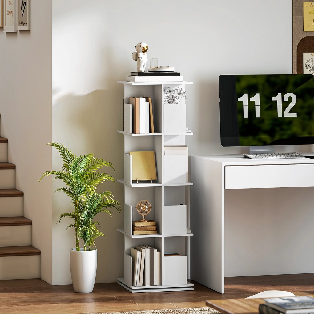 HOMCOM Obrotowy regał na książki z 4 poziomami, 16 przegródkami, łatwy w dostępie, do sypialni, salonu, gabinetu, płyta wiórowa, Biały