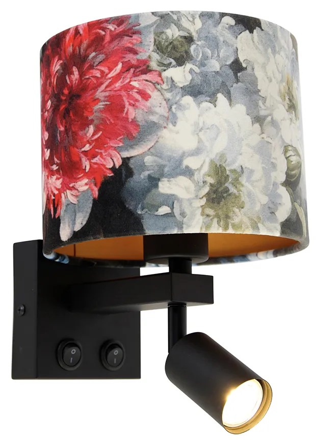 Lampa ścienna czarna z lampką do czytania i kloszem 18 cm kwiatowym - Brescia Nowoczesny Oswietlenie wewnetrzne