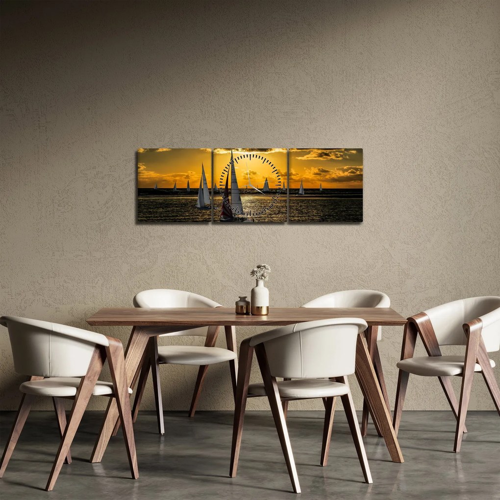 Obraz jachtu o zachodzie słońca (z zegarem) (90x30 cm)