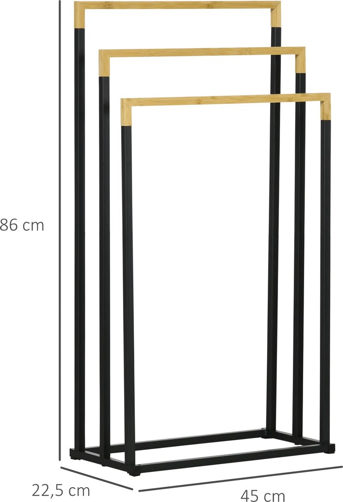 kleankin Zestaw Wieszaków na Ręczniki z 3 Drążkami, Styl Industrialny, Bambus, 45 x 22,5 x 86 cm, Czarny + Natural