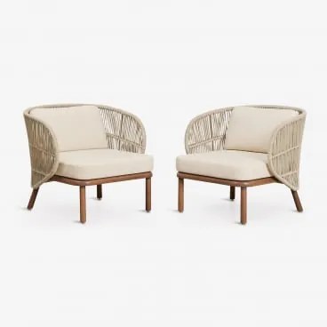 Zestaw 2 Foteli Ogrodowych Z Drewna Akacjowego I Plecionej Liny Capri Kremowa - Sklum