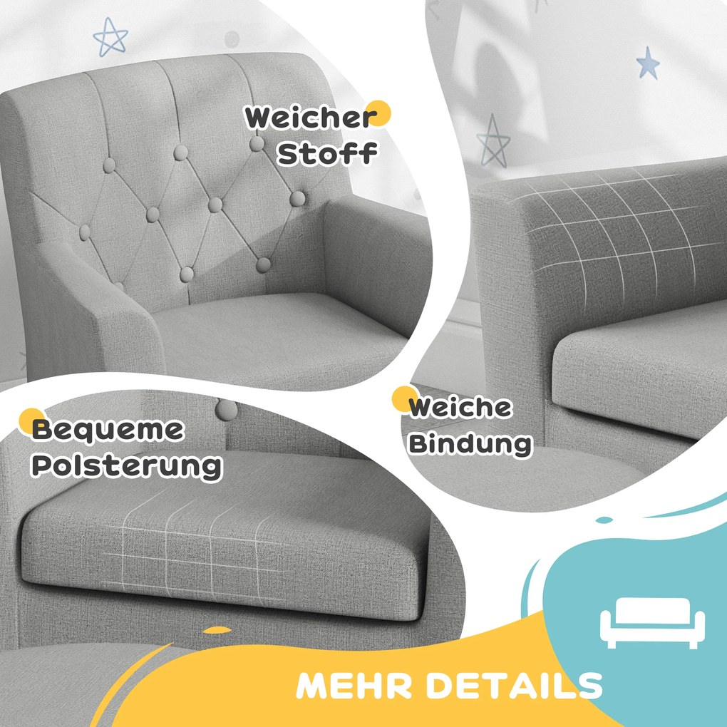 AIYAPLAY Fotel dla dzieci z pufem, oparcie w wzór w romby, miękkie siedzisko, drewniana rama, Szary