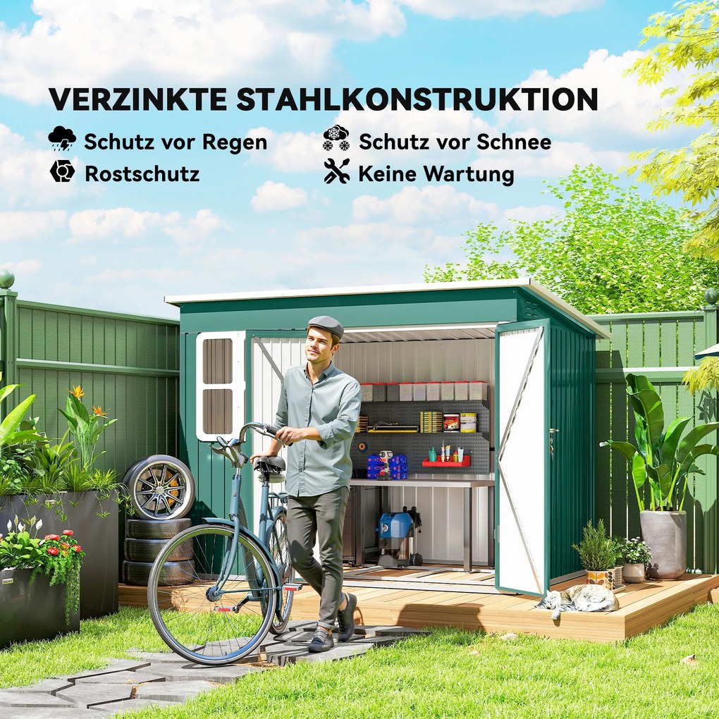 Outsunny Metalowy schowek do przechowywania narzędzi ogrodowych, z oknem, szerokie drzwi, 260 x 177 x 190 cm, zielony | Aosom PL