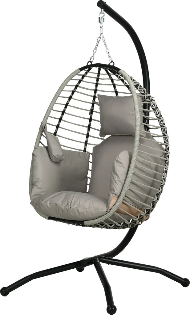 Outsunny Wiszący fotel, Poduszki siedziska i oparcia, Składany koszyk, Uchwyt na kubek, Metalowa rama, Szary