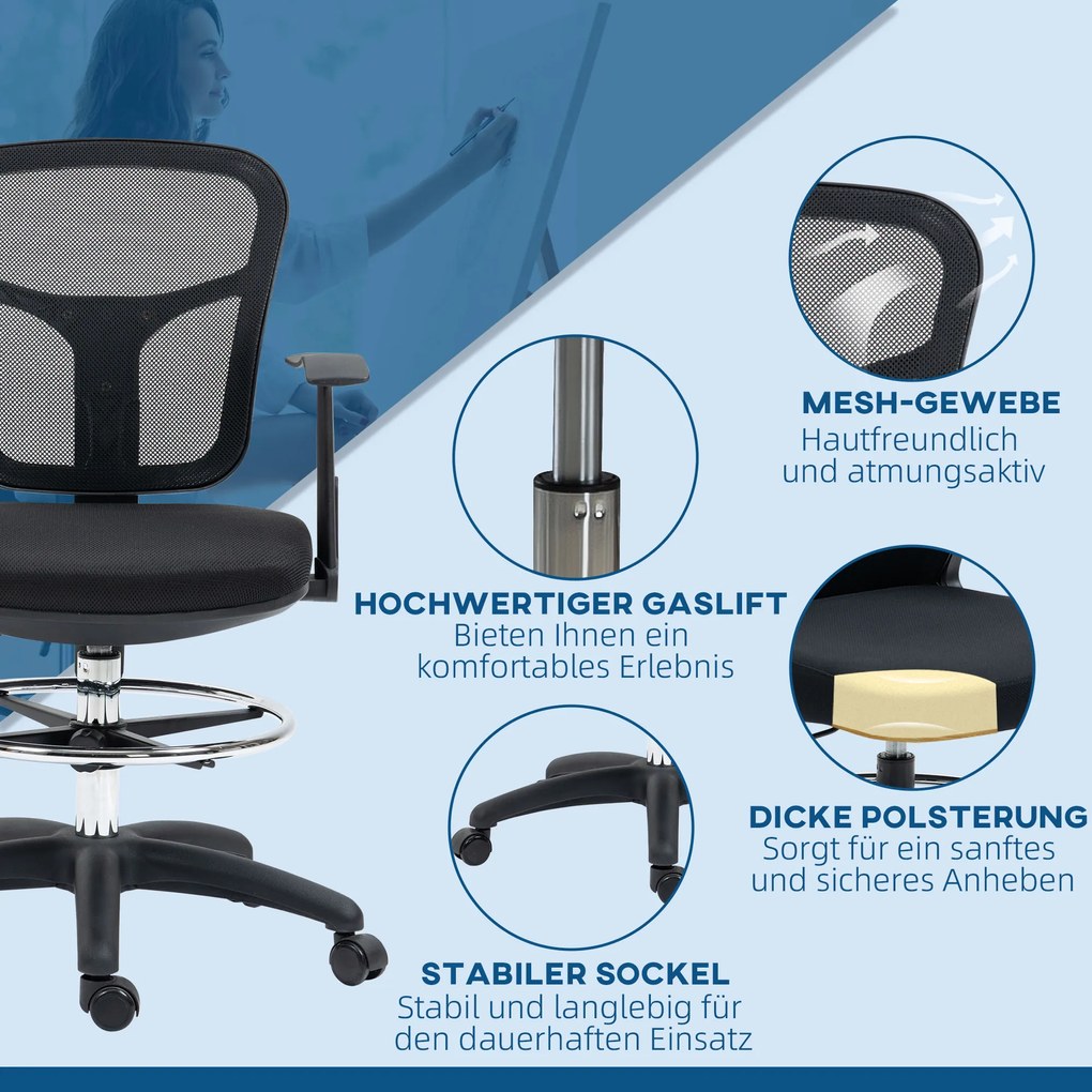 Vinsetto Krzesło do Rysowania Ergonomiczne Obrotowe Regulacja Wysokości Czarne | Aosom PL