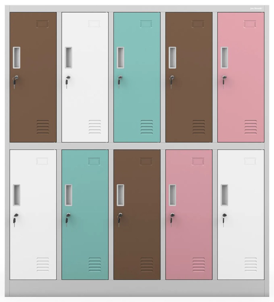 Szafka szkolna BHP szaro-pastelowa: 10-komorowa BARTUŚ, 1360 x 1500 x 450 mm