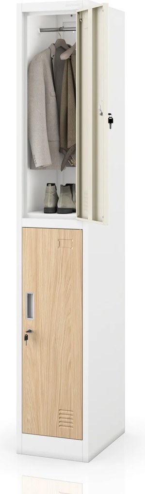 Szafka BHP ubraniowa, pracownicza, pojedyncza, 2 skrytki z drążkiem, biała/dąb sonoma, 316,5x1850x450 mm: IGOR 1 Plus Eco Design