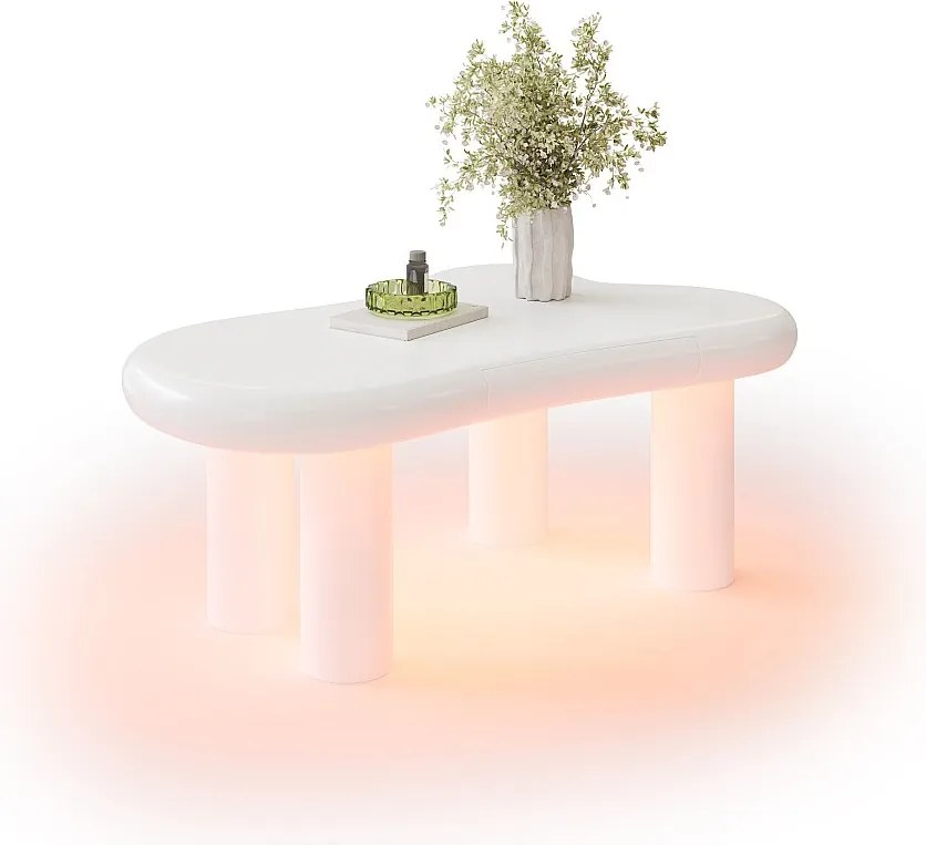 Stolik kawowy z diodami LED - 98 x 65,5 x 40 cm - z 1 szufladą - w kształcie chmurki - MDF - biały