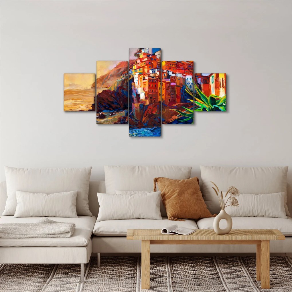 Obraz - Wieś na wybrzeżu Cinque Terre, Włoska Riviera, nowoczesny impresionism (125x70 cm)