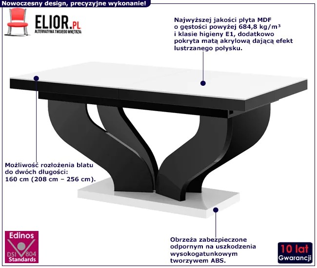 Biało-czarny rozkładany prostokątny stół Mirden 3X