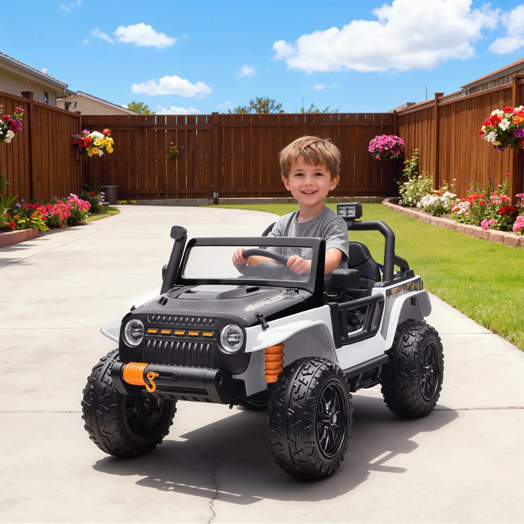 AIYAPLAY Pojazd elektryczny dla dzieci, bateria 12V, z miejscem rodzic-dziecko, zdalnie sterowalny, muzyka, klakson, lampy LED, 3-8 lat, Biały