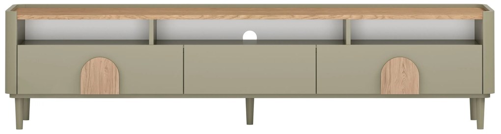 Szafka RTV Amilio 200 cm z szufladami na nóżkach - eukaliptus / dąb baltic dune / uchwyty dąb naturalny
