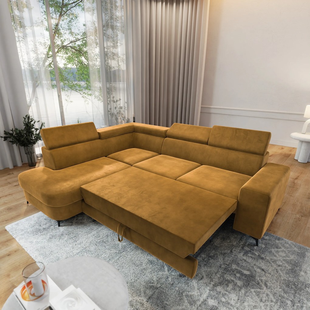 Masseno Narożnik ALVORO z funkcją spania i pojemnikiem na pościel Narozniki L, Rozkładana sofa - Żółty, MONOLITH 48