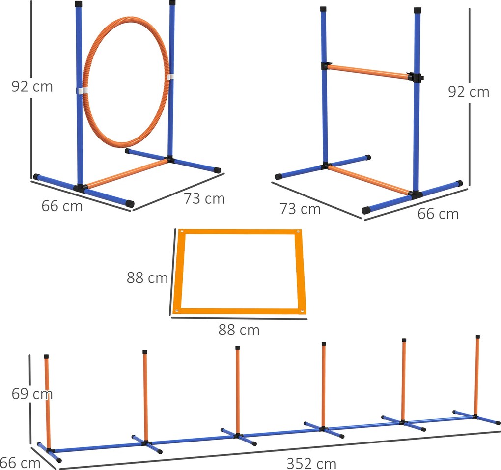 PawHut Zestaw Agility dla Psów, 1 Pierścień, 1 Przeszkoda, 1 Zestaw Slalomowy, 352 cm x 66 cm x 69 cm, Niebieski + Czerwony