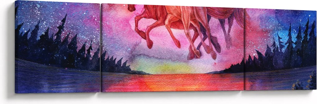 Obraz - Pojawienie się kosmicznych koni nad jeziorem, akwarela (170x50 cm)