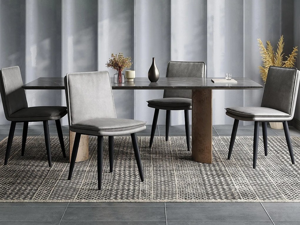 Zestaw 4 krzeseł do jadalni - Podwójne poduszki - Tkanina PU - Nogi metalowe - Szary