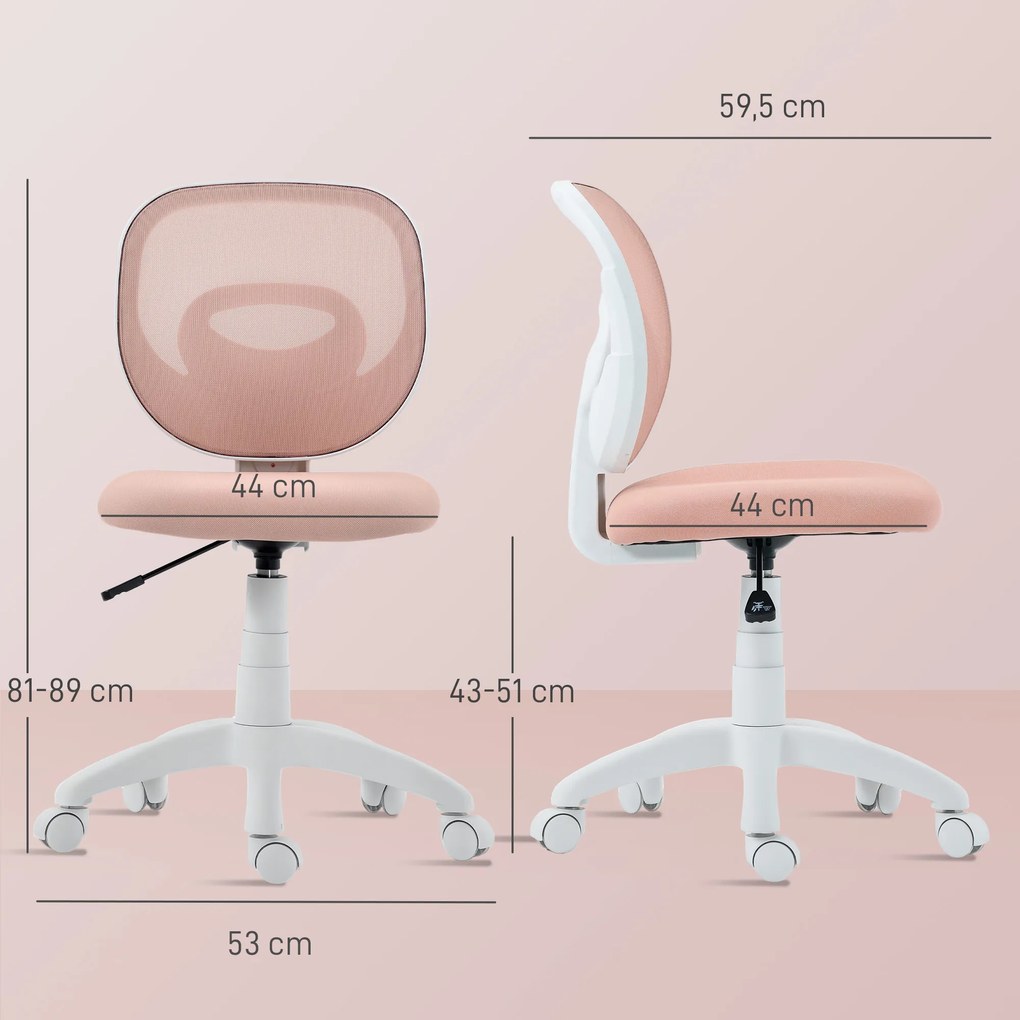 HOMCOM fotel biurowy bez podłokietników krzesło obrotowe ergonomiczne C-kształtne oparcie siatka do 120 kg różowy | Aosom PL
