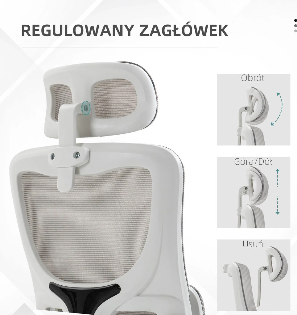 Vinsetto Fotel biurowy szary regulowana wysokość odchylane oparcie zagłówek do 120 kg ergonomiczny | Aosom PL