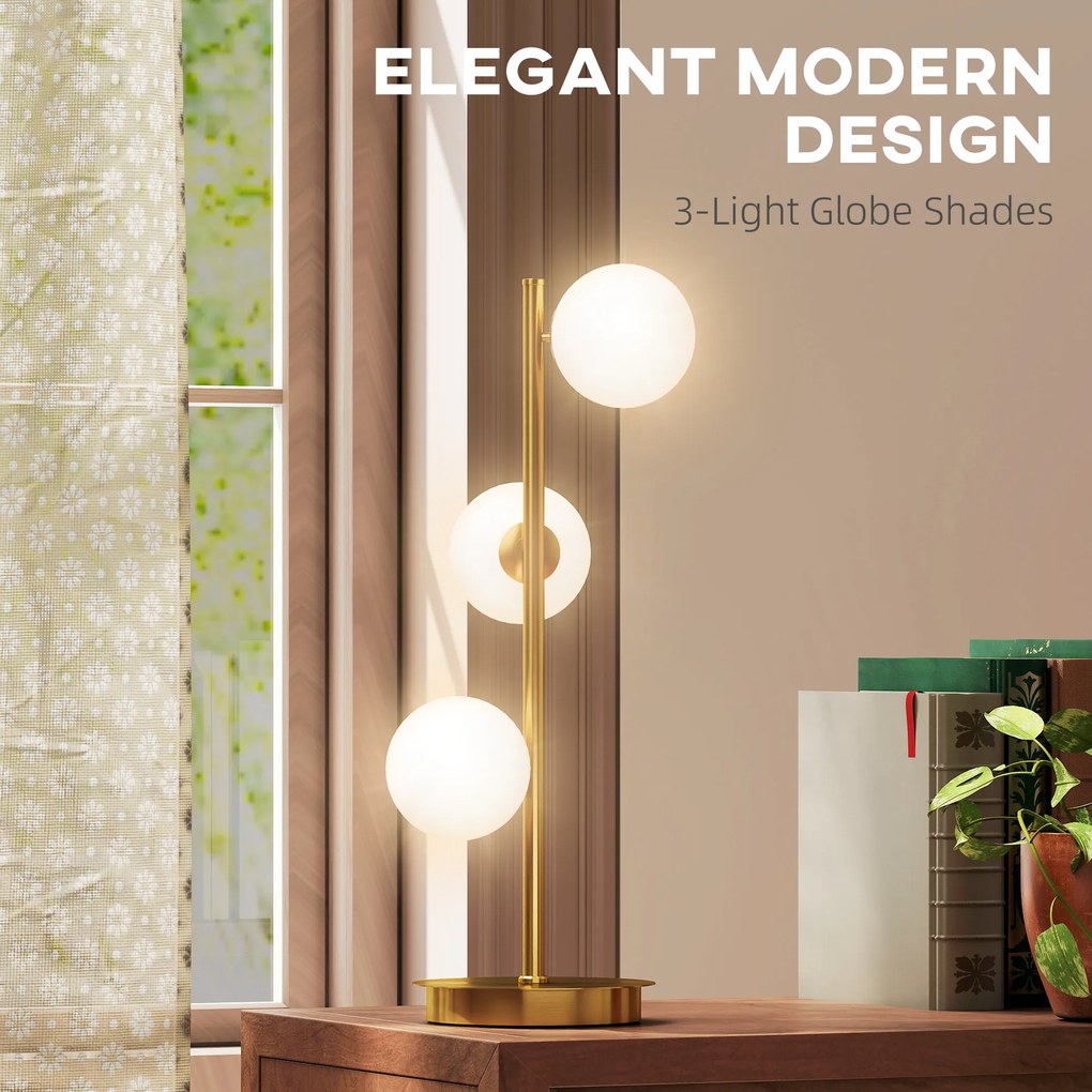 HOMCOM Lampa stołowa z 3 kulistymi kloszami, z solidną stalową podstawą, oprawki G9, 24 x 24 x 53 cm, mosiężny