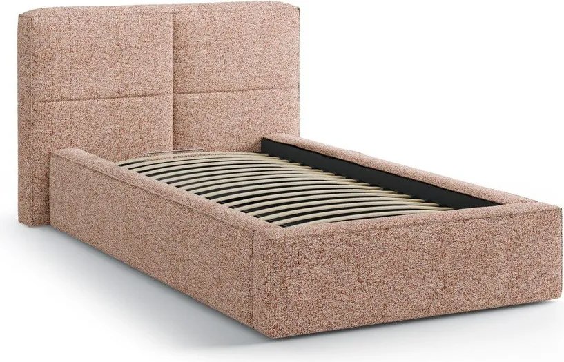 Różowe tapicerowane łóżko jednoosobowe ze schowkiem i stelażem 90x200 cm Darren – Micadoni