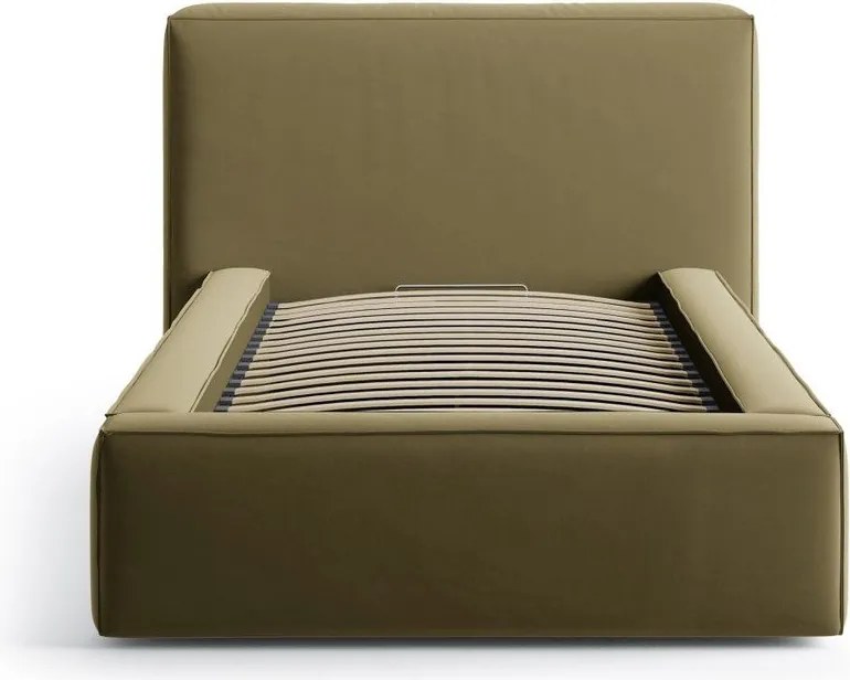 Zielone tapicerowane łóżko jednoosobowe ze schowkiem i stelażem 90x200 cm Jodie – Micadoni