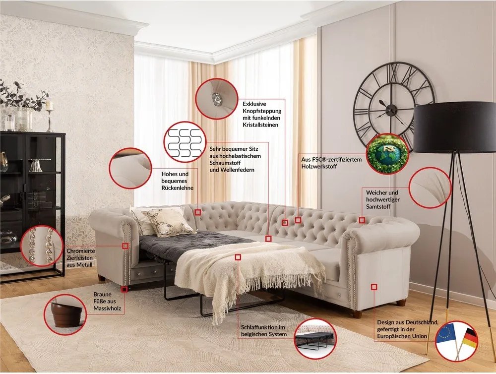 Beżowy aksamitny rozkładany narożnik (lewostronny/w kształcie litery L) York Blik – Ropez