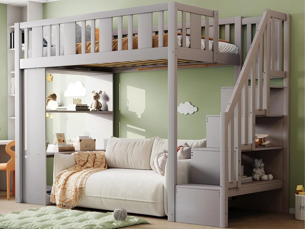 Łóżko typu mezzanine 90x200cm - ze schodami do przechowywania - z komorami do przechowywania - szare (materac nie wliczony)