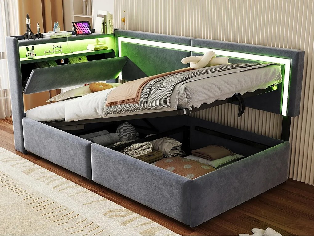 Rozkładana sofa 90x200cm - z oświetleniem LED - z portami USB - tkanina welurowa - ciemnoszary​ (materac nie jest wliczony w cenę)