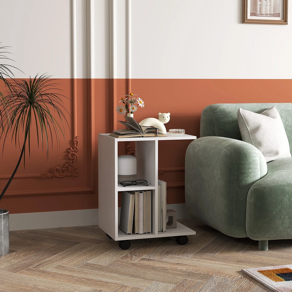 HOMCOM Stolik pomocniczy w kształcie C, kawowy, do kanapy, biurko narożne, na kółkach, płyta wiórowa E1, 45 x 35 x 58 cm, Biały