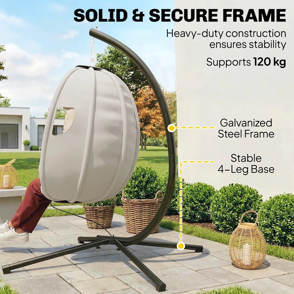 Outsunny Wiszący Fotel z Ramą, Składany Kosz z Grubymi Poduszkami, Regulowana Wysokość, Pas Bezpieczeństwa, do 120 kg | Aosom PL