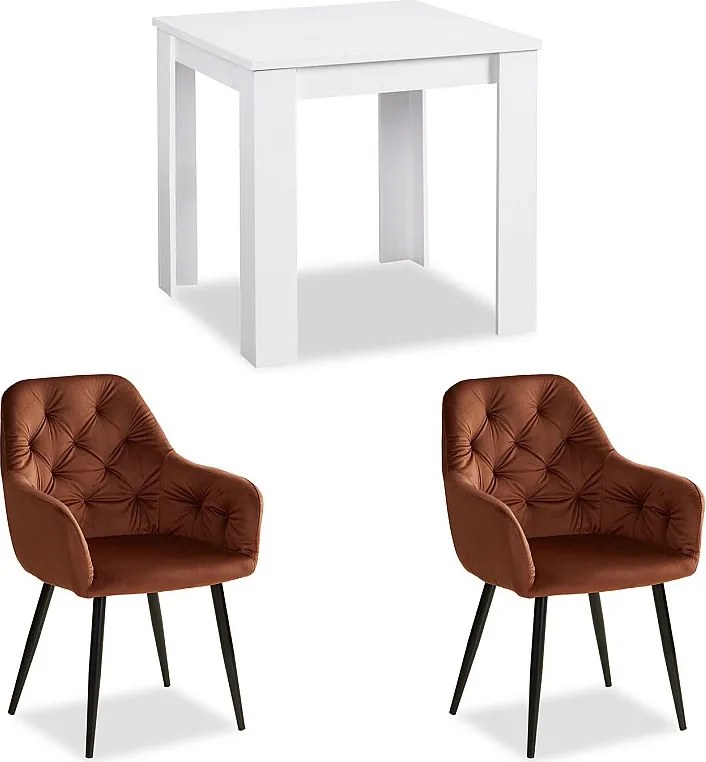 Stół jadalniany 80x80 cm biały z krzesłami jadalnianymi brązowy welur