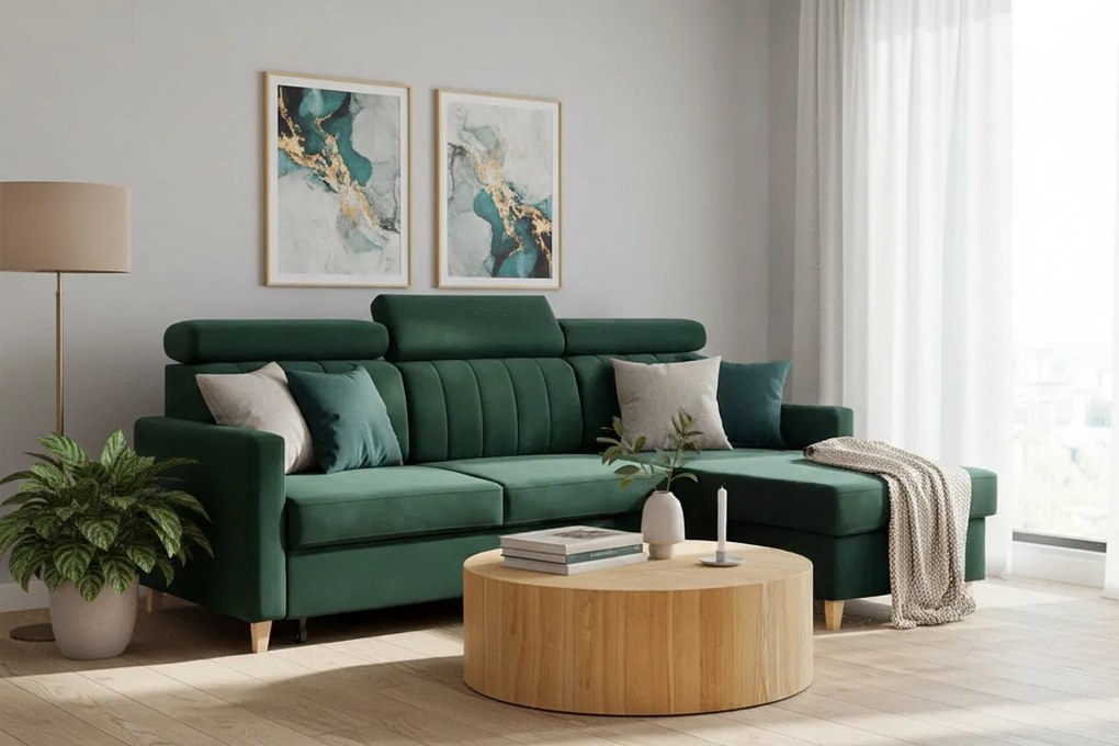 Narożnik Vario z funkcją spania uniwersalny prawo/lewostronny - zielony welur Bluvel 78