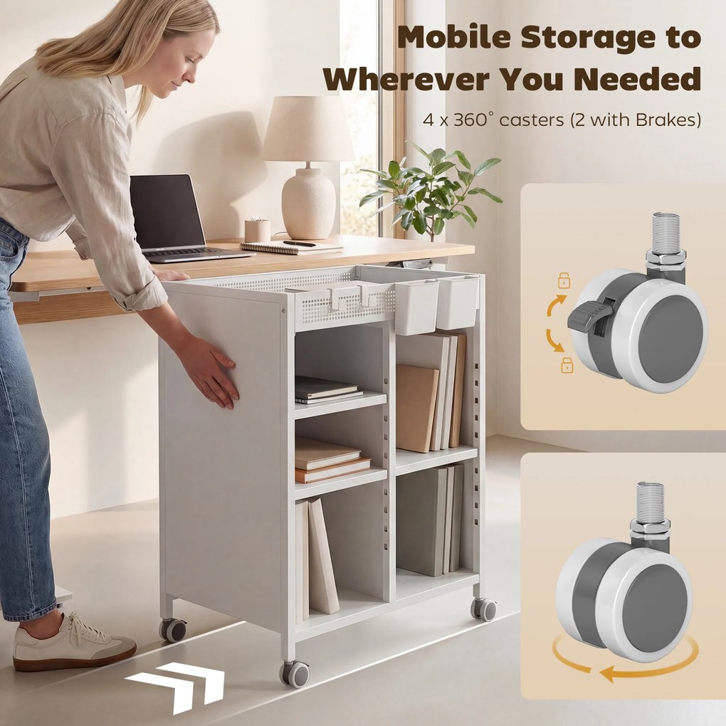 HOMCOM Regał na książki na kółkach, 4-poziomowy, regulowane półki i wiszące kosze do salonu i biura, biały | Aosom PL