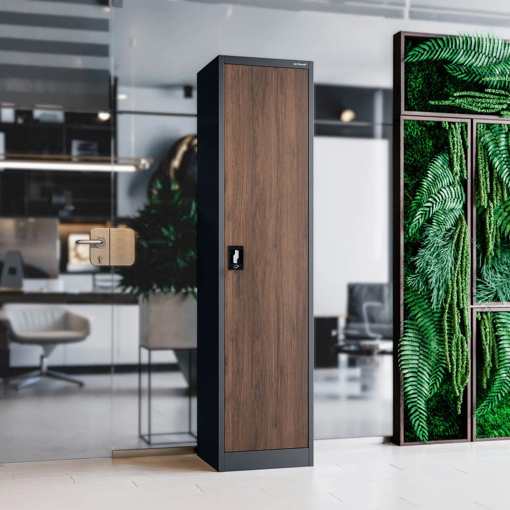 Biurowa szafa metalowa ALEX, 450 x 1850 x 400 mm, Eco Design: antracytowa/ orzech