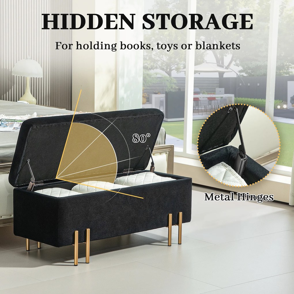 HOMCOM Ławka tapicerowana z miejscem do przechowywania, Metal, Drewno kauczukowe, Pianka, 100 x 40 x 42 cm, Czarny