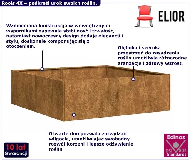 Rdzawa prostokątna donica ogrodowa - Dolo 4X