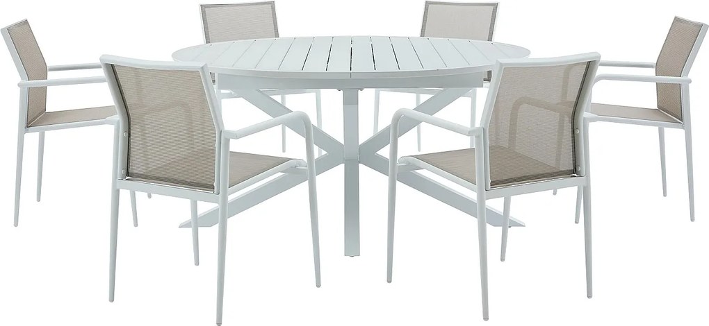 Zestaw mebli ogrodowych jadalnianych z aluminium: rozkładany stół dł. 150/200 cm i 6 sztaplowanych foteli - Jasnoszary i biały - YOHA marki MYLIA