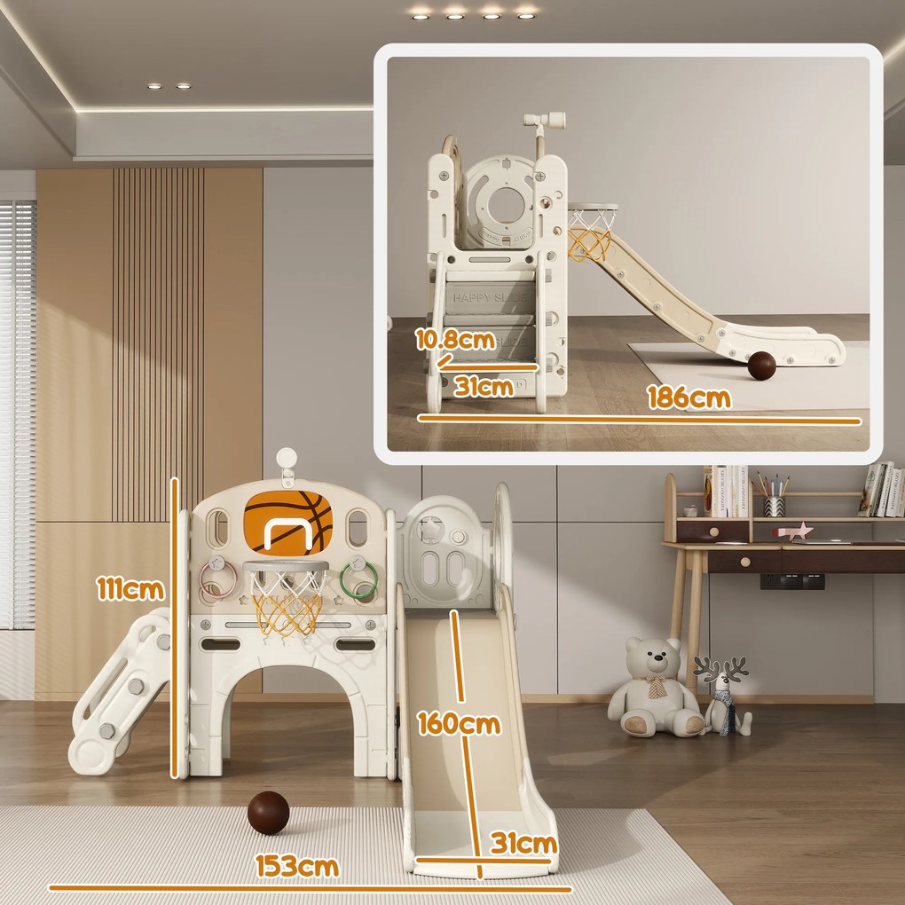 AIYAPLAY Place zabaw dla dzieci, 7-w-1 zjeżdżalnia, plac zabaw do użytku wewnętrznego z miejscem do przechowywania i tunelem do czołgania, 186x153x111 cm, Kremowy