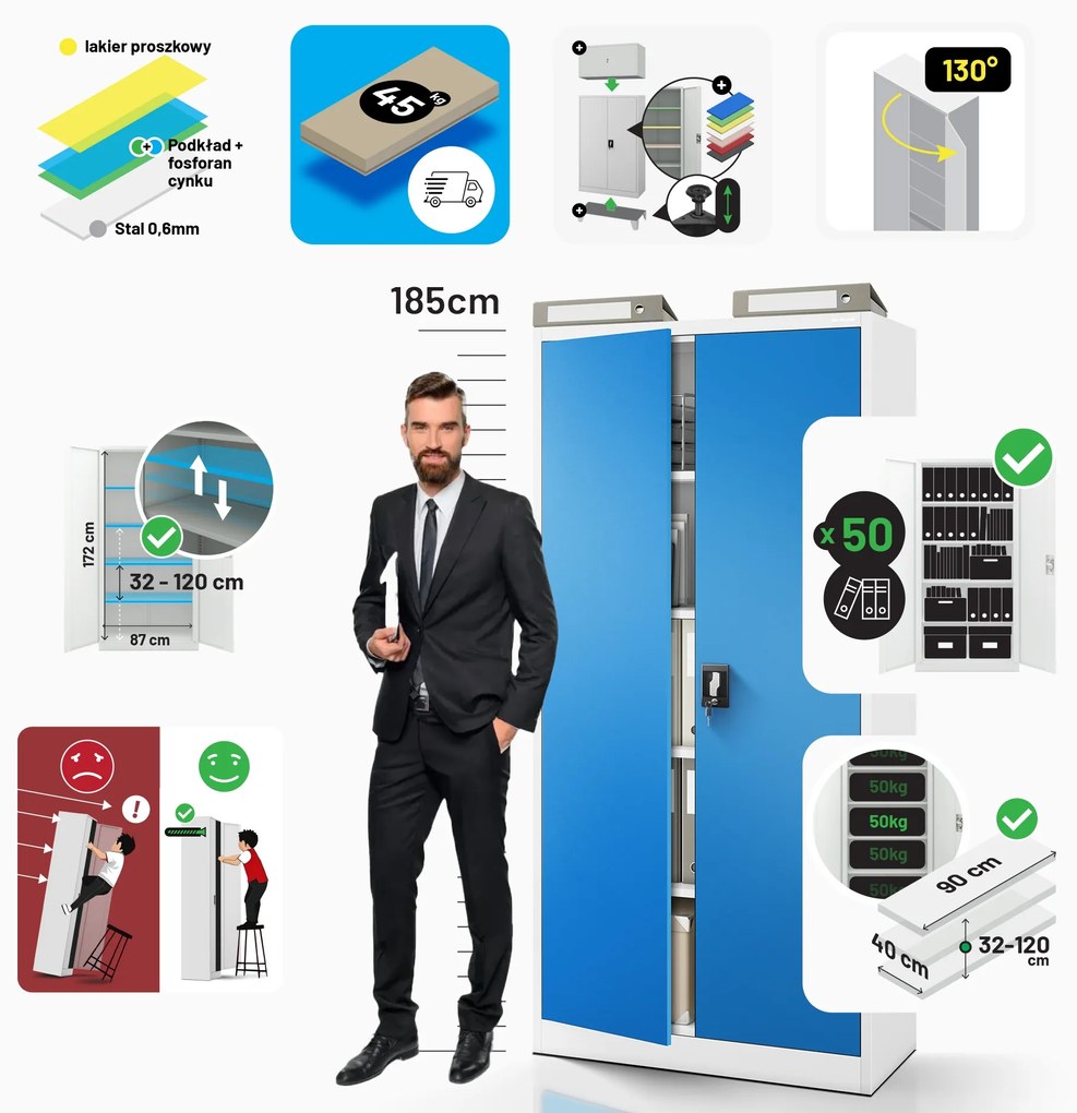 Szafa biurowa na dokumenty szaro-niebieska: JAN, 900 x 1850 x 400 mm