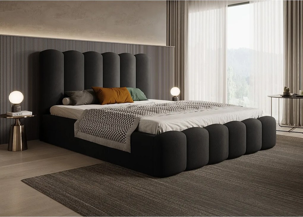 Łóżko tapicerowane MONA V DomoHome, elegancka rama ze zintegrowaną skrzynią, wysokiej jakości tkanina, 200x200 cm, Czarny
