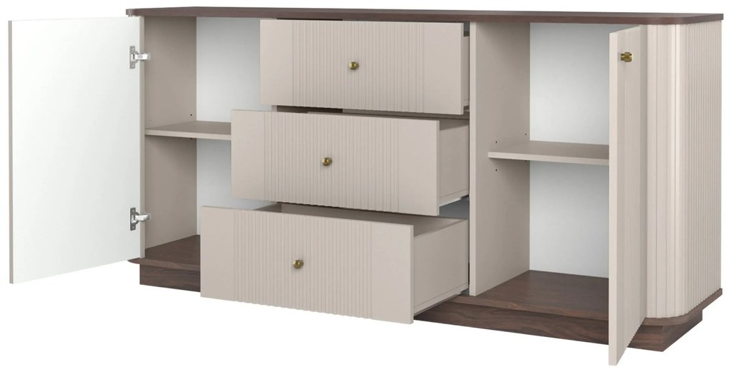 Komoda Vesper 160 cm z szufladami na cokole - kaszmir / orzech / złote uchwyty