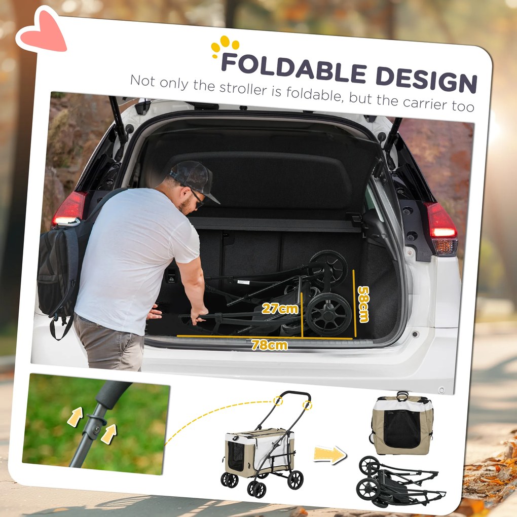 PawHut Wózek dla zwierząt domowych, składany, zdejmowany kosz, 81 x 58 x 97,5 cm, Czarny+Khaki+Biały