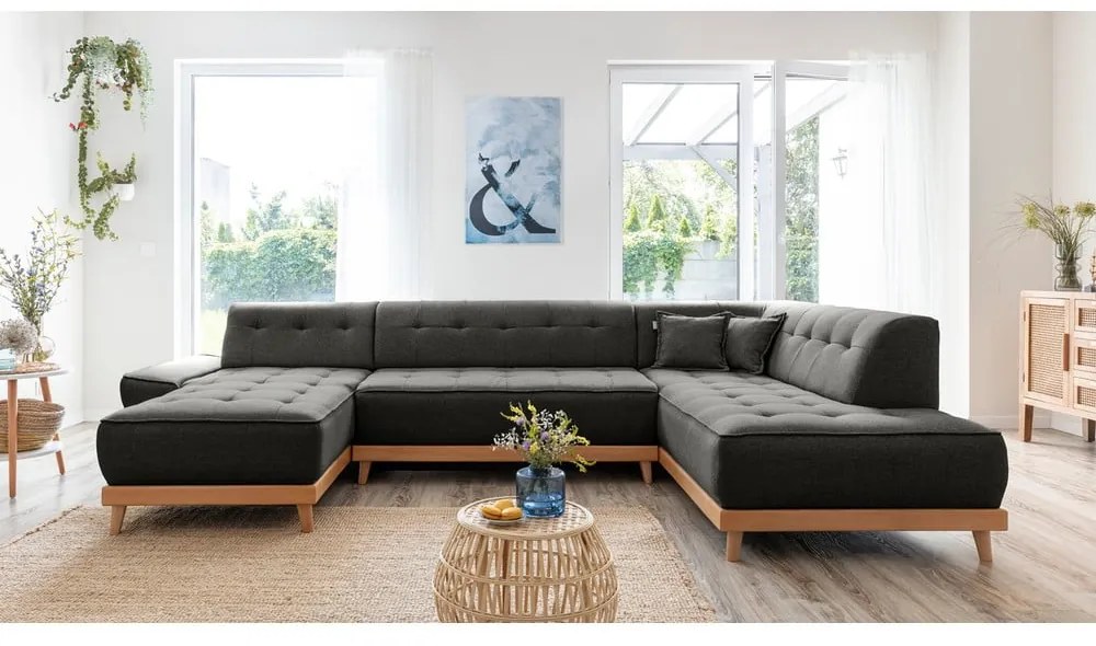 Ciemnoszara rozkładana sofa w kształcie litery "U" Miuform Dazzling Daisy, prawostronna